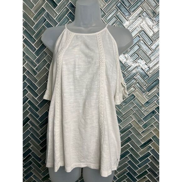 WOMENS ROXY OFF WHITE BOHO COLD SHOULDER FLOWY KNIT SHORT SLEEVE TOP BLOUSE SZ S - Picture 2 of 12